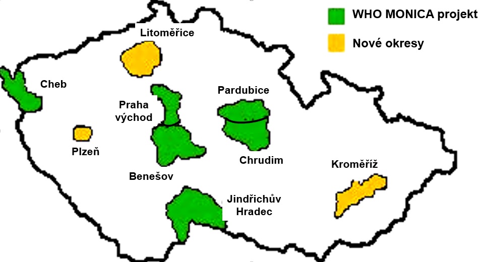 Okresy zapojené do studie MONICA. Zdroj: Centrum kardiovaskulární prevence 1. LF a TN