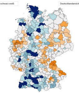 Mapa Německa ukazující podíl lidí starších 65 let, umírajících v nemocnici. Celostátní průměr je 45,7 procenta, oranžově vyznačené okresy mají tento podíl nadprůměrný, místy až k 60 procentům, modře pak ty, které jsou pod průměrem, s minimem až 33 procent. Foto: Fakten Gesundheit