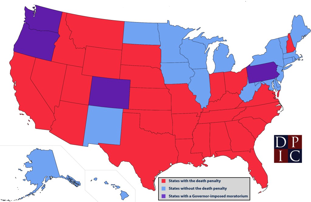 Kde mají v USA trest  smrti - červeně státy se zavedeným trestem smrti, modře bez něj; fialově státy s moratoriem. Zdroj: Death penalty information center